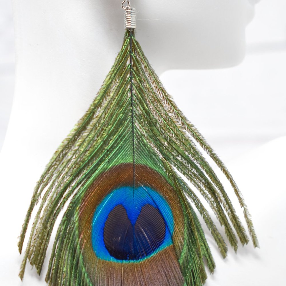 3.5" Drop Peacock Feather Dangle Earrings - Picture 11 of 12